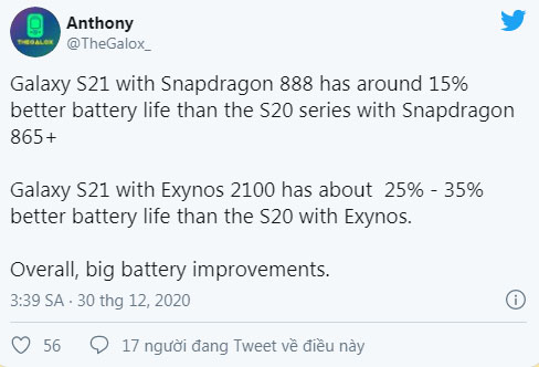 Anthony (@TheGalox_ ) vừa chia sẻ rằng chipset Exynos 2100 sẽ được xuất hiện trong dòng Galaxy S21.