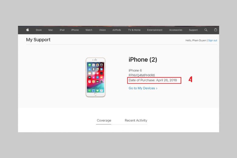Bước 6: Mục Date of Purchase sẽ hiển thị ngày kích hoạt của thiết bị.