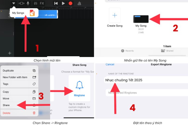 Nhấn giữ vào file vừa tạo, chọn Share → Ringtone