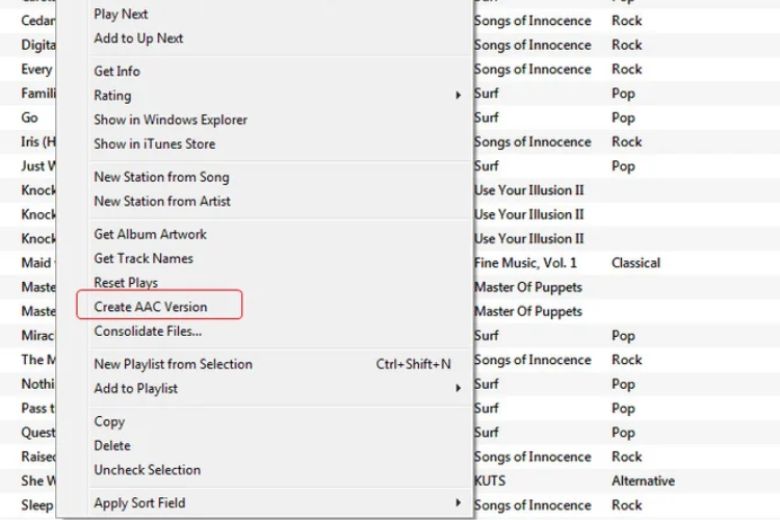 Chọn Create AAC Version để tạo một bản sao mới