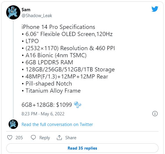 Thêm thông số kỹ thuật trên iPhone 14 Pro tiếp tục được chia sẻ