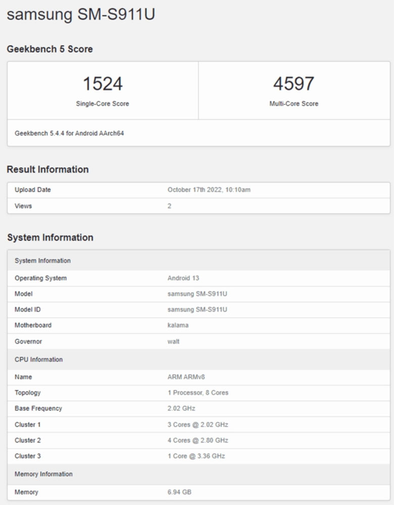 Thông số kỹ thuật của Samsung Galaxy S23 được phát hiện trên Geekbench