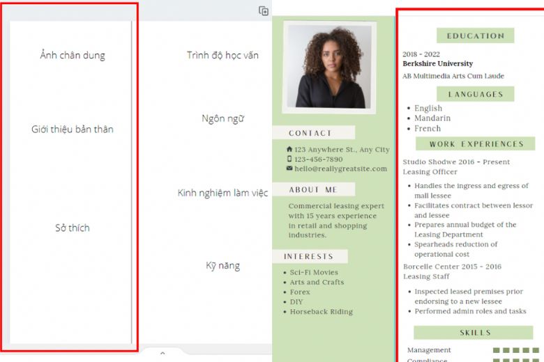 Chọn bố cục CV phù hợp và điền thông tin cá nhân trên Canva.