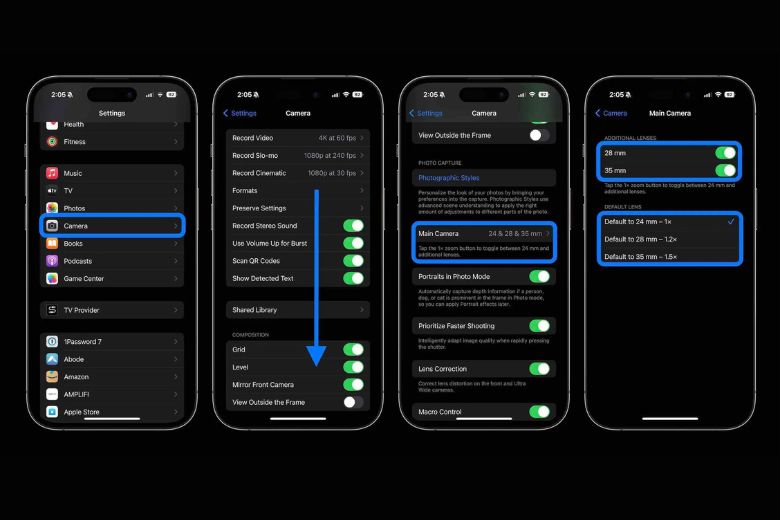 Cách tùy chỉnh tiêu cự mặc định trên iPhone 15 Pro và iPhone 15 Pro Max.