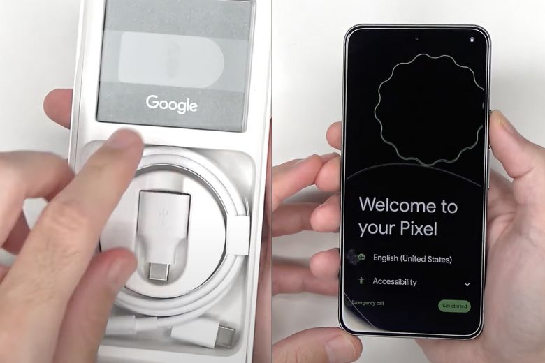Phụ kiện của Google Pixel 8 bao gồm bộ chuyển đổi, dây cáp và sách hướng dẫn sử dụng.