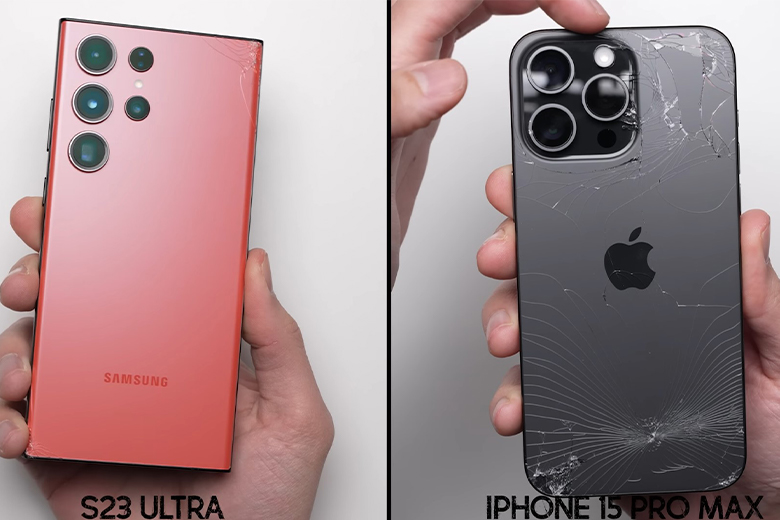 Nâng độ cao thả rơi iPhone 15 Pro Max và Galaxy S23 Ultra tiếp xúc bằng mặt trước