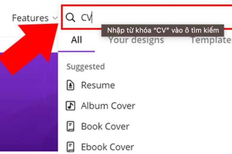 Nhập CV vào ô tìm kiếm trên Canva.