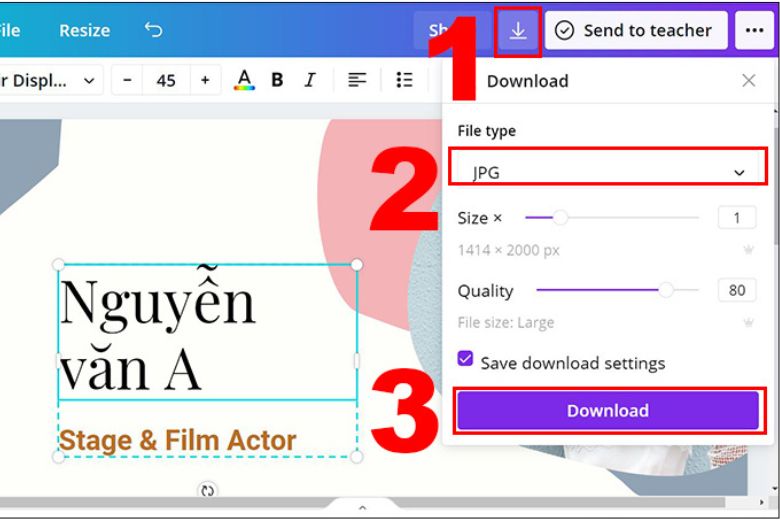 Bấm vào biểu tượng tải hình về máy trên Canva.