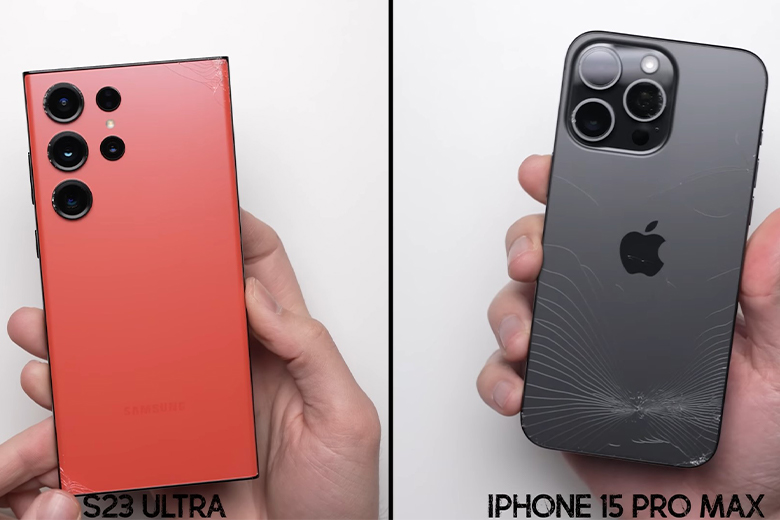 Thả rơi iPhone 15 Pro Max và Galaxy S23 Ultra tiếp xúc bằng mặt sau