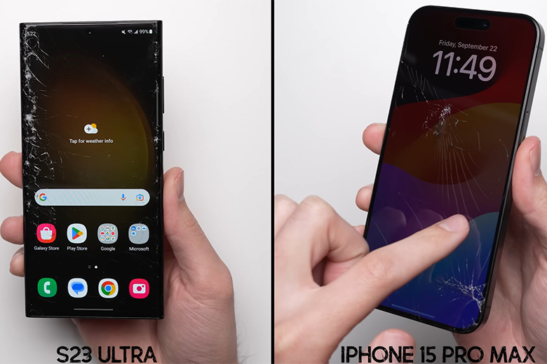 Thả rơi iPhone 15 Pro Max và Galaxy S23 Ultra tiếp xúc bằng mặt trước