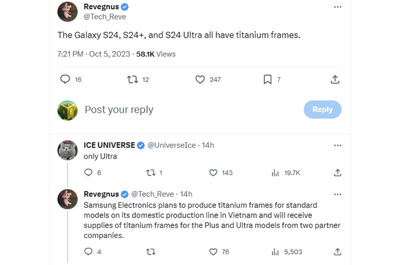 Tin đồn về sử dụng chất liệu titan choGalaxy S24