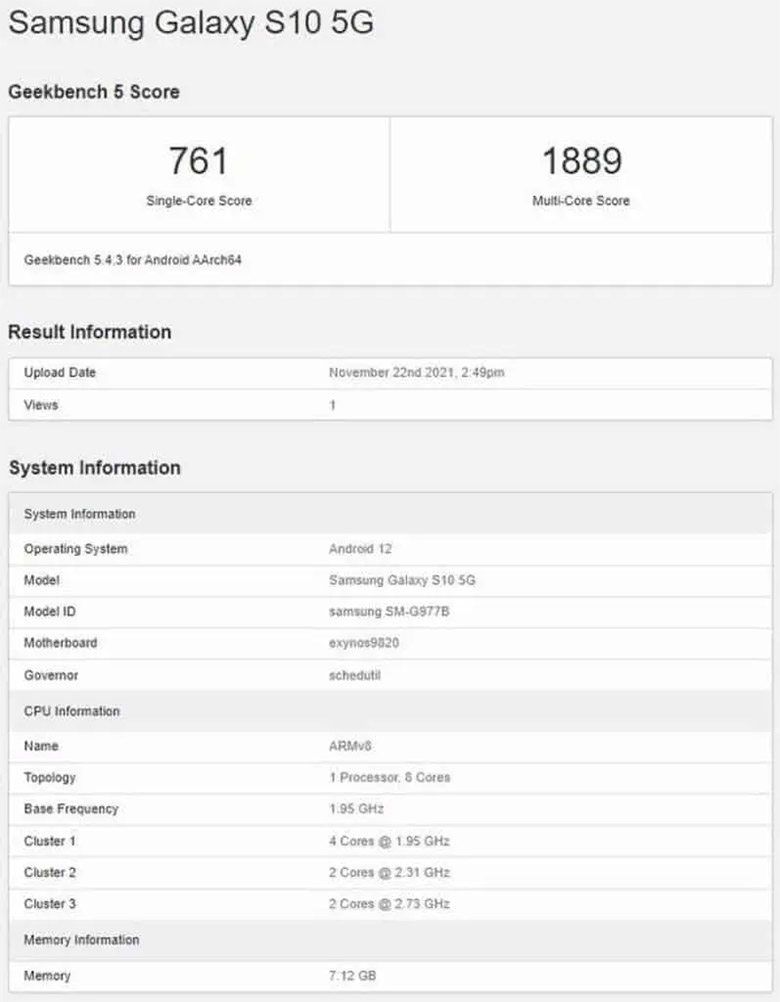Galaxy S10 và Galaxy Note 10 với Android 12 xuất hiện trên Geekbench