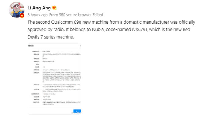 Bài đăng trên Weibo liên quan chip mới của Qualcomm