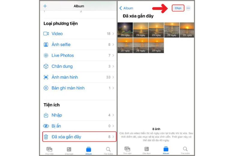 Cách khôi phục ảnh đã xoá trên iPhone bằng ứng dụng ảnh