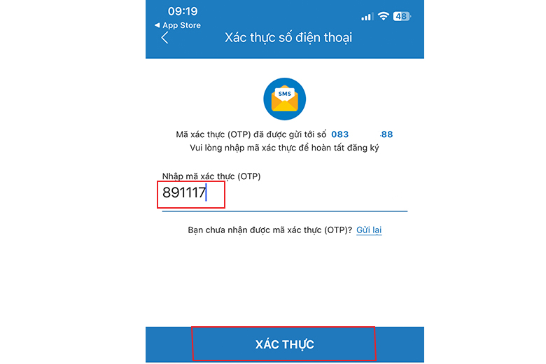Nhập OTP sau khi đăng ký tài khoản ví điện tử Vimo