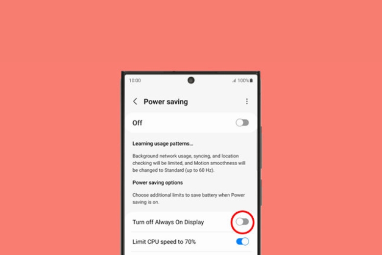 Samsung Galaxy S23 Ultra đã tích hợp tính năng tắt Always On Display, cho phép người dùng tạm ngưng hiển thị liên tục trên màn hình và từ đó giảm tiêu thụ năng lượng, đồng thời cung cấp sự linh hoạt trong việc quản lý pin trên thiết bị.