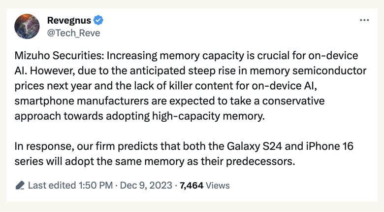  Tin đồn iPhone 16, Galaxy S24 không tăng RAM